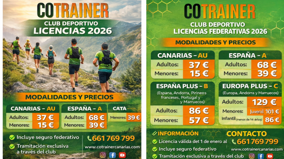 Contacta con nosotros y FEDÉRATE EN EL CLUB DEPORTIVO COTRAINER, forma parte de nuestro equipo de corredores, para la temporada 2026,  o si quieres tener un seguro  que cubra tus actividades de montañismo.   Disfruta de los descuentos en:  Laister, Caresp